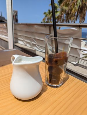Coffee cubes, nicely sweetened, served with choice of milk-alternative at Tierra in Tenerife