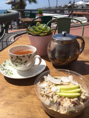 Morning breakfast bircher muesli and tea at Tierra in Tenerife