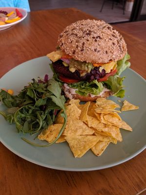 Mexican burger with vegan nacho cheese at Tierra in Tenerife