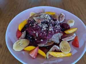 Vegan pancakes with fresh fruit at Tierra in Tenerife