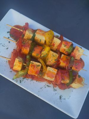 Sweet chilli Tofu skewers at Pipoca in Murcia