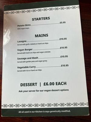 Vegan menu Feb 2025  at The Waterford Arms in Whitley Bay