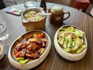 Vegetable fried rice, sweet & sour mock chicken, garlic choi sum  at Four Regions in Richmond Upon Thames