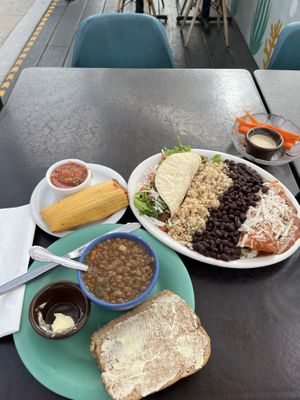 Tamale, taco & enchilada plate with side of lentil soup/homemade bread…SOOO good!  at The Spot Natural Foods in Hermosa Beach