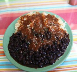 Brown rice, pinto beans and sauce. at The Spot Natural Foods in Hermosa Beach