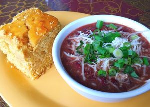 Award winning Chili and homemade Cornbread  at The Spot Natural Foods in Hermosa Beach