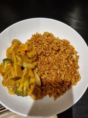 Vegetable and tofu satay with fried rice. at Welcome Inn in Paisley