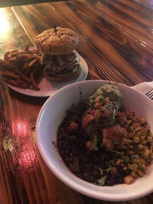 Impossible burger with sweet potato fries and Cuban black bean bowl! at The Church Cantina in Tacoma