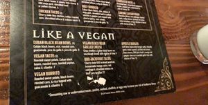 Vegan section of the menu at The Church Cantina in Tacoma