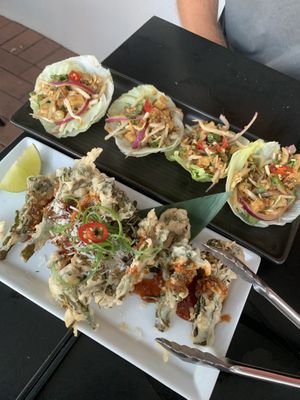 sang chow bow and fried broccolini  at Yulli's in Byron Bay