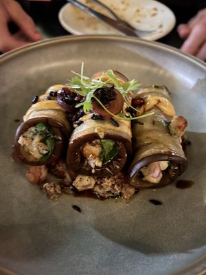Eggplant filled with cashew cheese  at Yulli's in Byron Bay