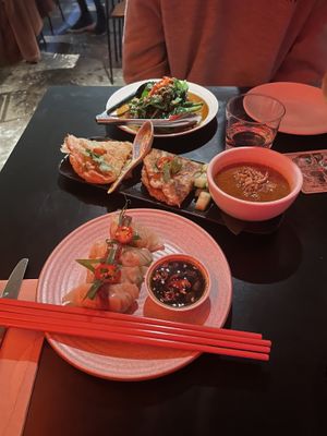 Steamed gai lan, massaman curry and leek and ginger dumplings  at Yulli's in Byron Bay