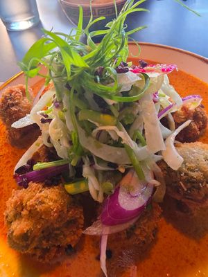 Panko broccoli with red curry sauce at Yulli's in Byron Bay