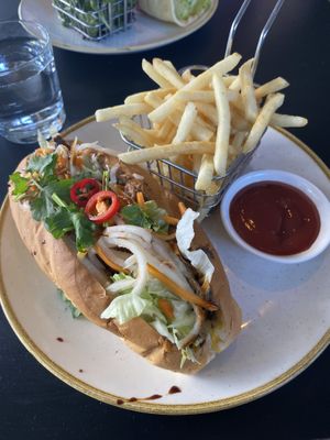Eggplant katsu banh me and fries  at Yulli's in Byron Bay