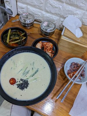 Traditional cold soya milk noodles and yummy banchan at Milbat 밀밭 in Seoul