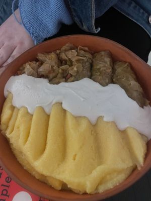 Stuffed cabbage with cashew sauce and polenta   at Level Up in Bucharest