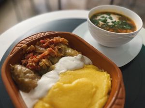 sarmale ultra românești...
romanian cabbage rolls with polenta and cashew cream, and a side of vegetable soup at Level Up in Bucharest