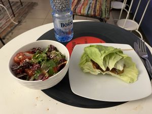 My mini salad and beyond meat burger with lettuce wrap   at Level Up in Bucharest