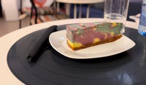 Superfoods cheesecake (ingredients: cashew, oat, goji, almond, dates, lemon, spirulina, agave, chokeberry, beetroot, vanilla)  at Level Up in Bucharest