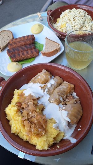 Sarmale Ultra Românești, Super Duper VegMici and VegMaggiPolenta with salty tofu cheese and cashew cream, lemon and salt at Level Up in Bucharest