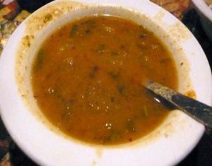 sambar lentil gravy at Paru's Vegetarian Indian Restaurant in Los Angeles