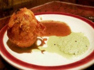 Spicy potato balls at Paru's Vegetarian Indian Restaurant in Los Angeles