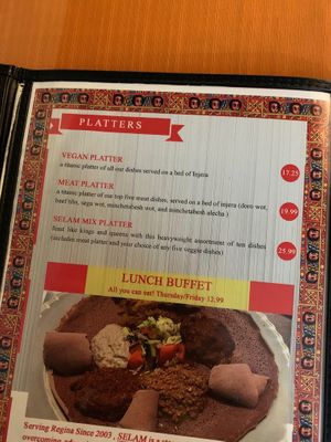 Menu - vegan platter at Selam in Regina