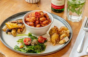 Mediterian butter beans with new Potatoes, Spinach & Mushroom Salad and Roasted Vegetables   at OctaGreen in South West London