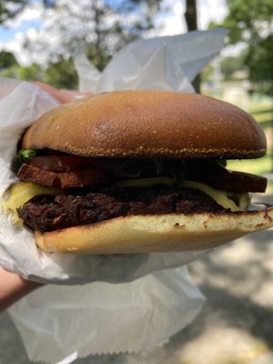 Baconator on a gluten free bun  at Totally Awesome Vegan Food Truck in Portland