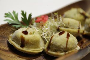 sorrentinos fritos con salsa de hongos at Namaste in Montevideo