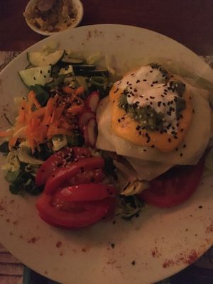 Double-seitan chivito with salad. at Namaste in Montevideo