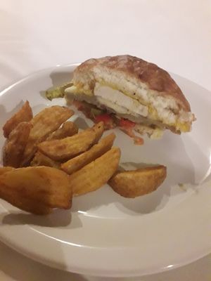 Chivito vegano (cut in half) at Namaste in Montevideo