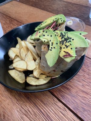 Vegan Burrito with chips  at Laylo in Tulum