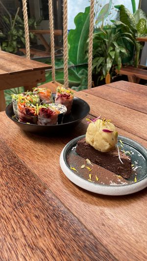 black bean brownie with sorbet and vietnamese rolls at Laylo in Tulum