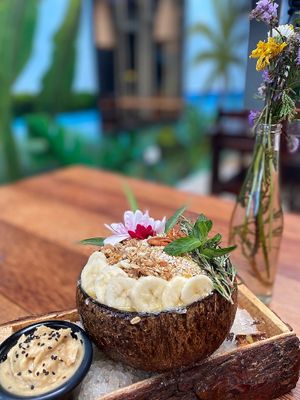 From the Breakfast Menu - Frozen bowl with a side of peanut butter  at Laylo in Tulum