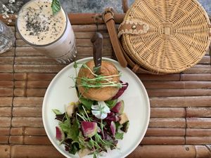 Beyond burger and iced tascalate made with water at Laylo in Tulum