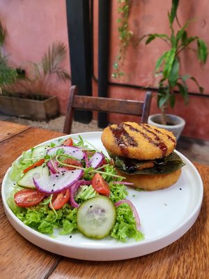 Sushi burger with a salad at Laylo in Tulum