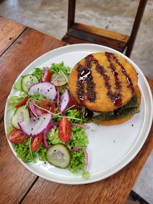 Sushi burger with a salad at Laylo in Tulum