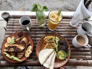 French toast and scrambled tofu, coffee and delicious juice at Laylo in Tulum