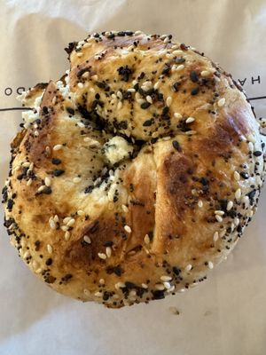 Vegan everything with non dairy chive shmear   at WoodGrain Bagel in Boulder