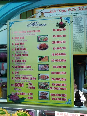 Menu at Tung Mai in Da Nang