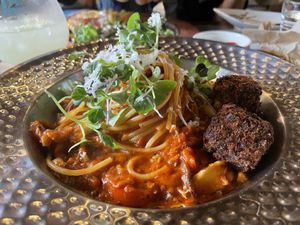 Ragu pasta with 2 veggie balls. The ragu sauce is closer to arrabbiata than ragu. However it is delicious itself.  at Cafe SIVA 카페 시바 in Seoul