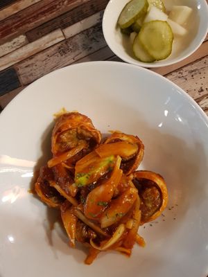 Fried dumplings side dish. V tomato-y at Cafe SIVA 카페 시바 in Seoul
