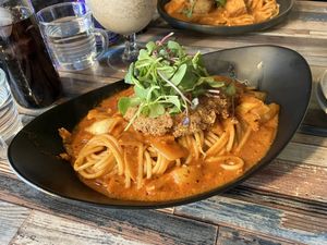 Pasta with vegan cutlet and kimchi  at Cafe SIVA 카페 시바 in Seoul