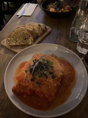 Lasagna and garlic bread   at Maccaroni Trattoria Italiana in Melbourne