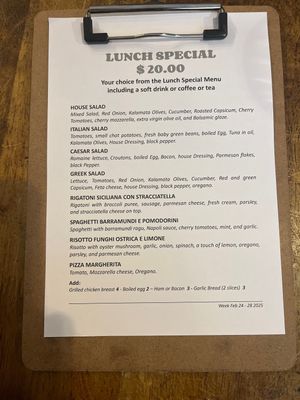 Example of their weekly lunchtime special (Feb 2025)  at Maccaroni Trattoria Italiana in Melbourne