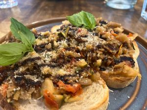 Bruschetta (with vegan Parmesan!!)  at Maccaroni Trattoria Italiana in Melbourne