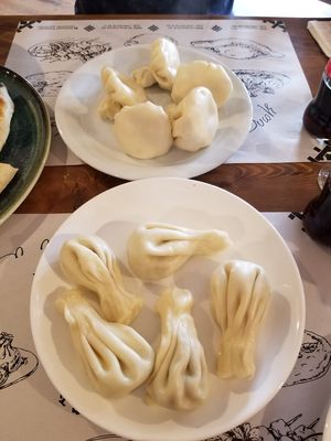 Mushroom khinkali at the front. Potato khinkali at the back at Pasanauri - Vakhtang Gorgasali in Tbilisi