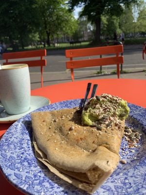 Matcha Latte + Avocado Mushroom Crepe with vegan Cheese ✨  at Crepeaffaire in West London