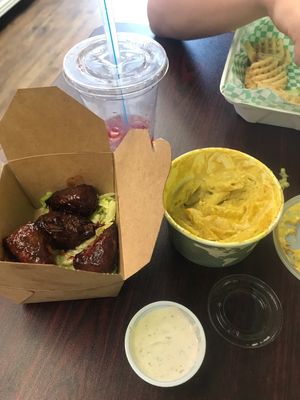 all amazing vegan house made cashew mac, bbq drummies, seasoned fries, and house made ranch :) at Java Juice Cafe in Flagstaff